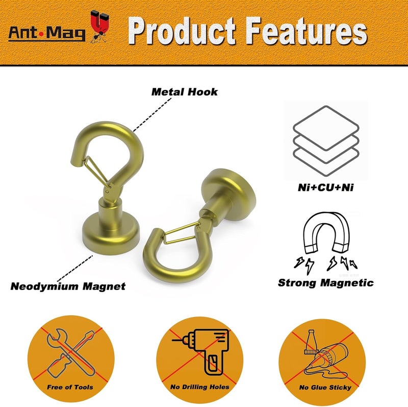Ant Mag Magnetic Hooks Heavy Duty with Snap 22lbs Strong Gold Magnet Hooks Great Hanging for Refrigerator, Cruise Cabin, Grill, Wreath,Kitchen,Office 8 Pack - Image 4